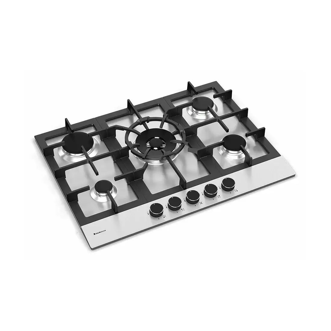 Cooktop à Gás Debacco Zurique 5 Bocas Inox 70cm em inox escovado, 5 queimadores com volante central, trempes ferro fundido e acendimento automático